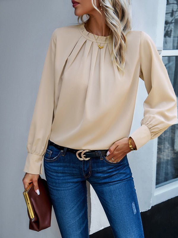 New style women's elegant lace collar long - sleeved solid color top - Top